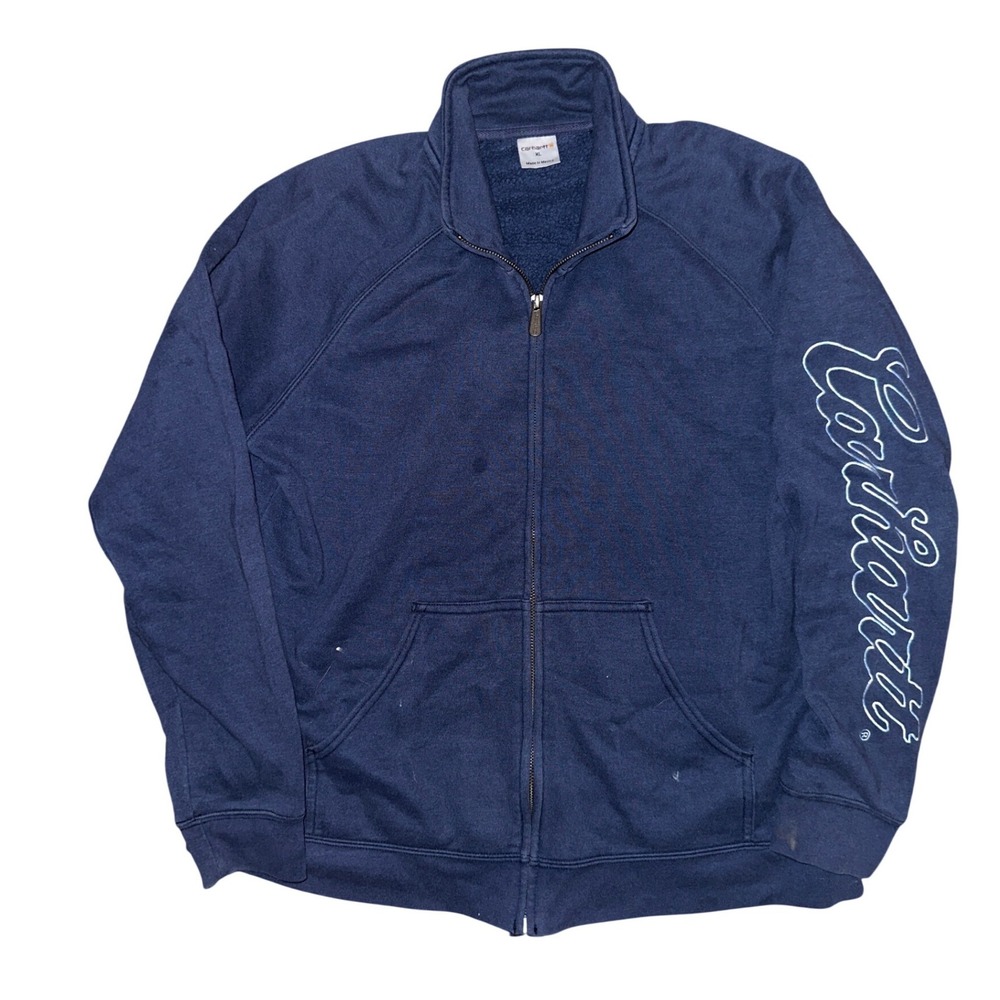 Carhartt Mens XL Navy Blue Full Zip Fleece Sweatshirt Script Sleeve Logo Jacket